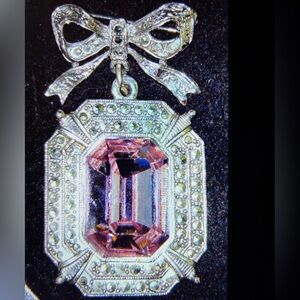 Elegant Marcasite Bow Silver and Pink Gemstone Brooch